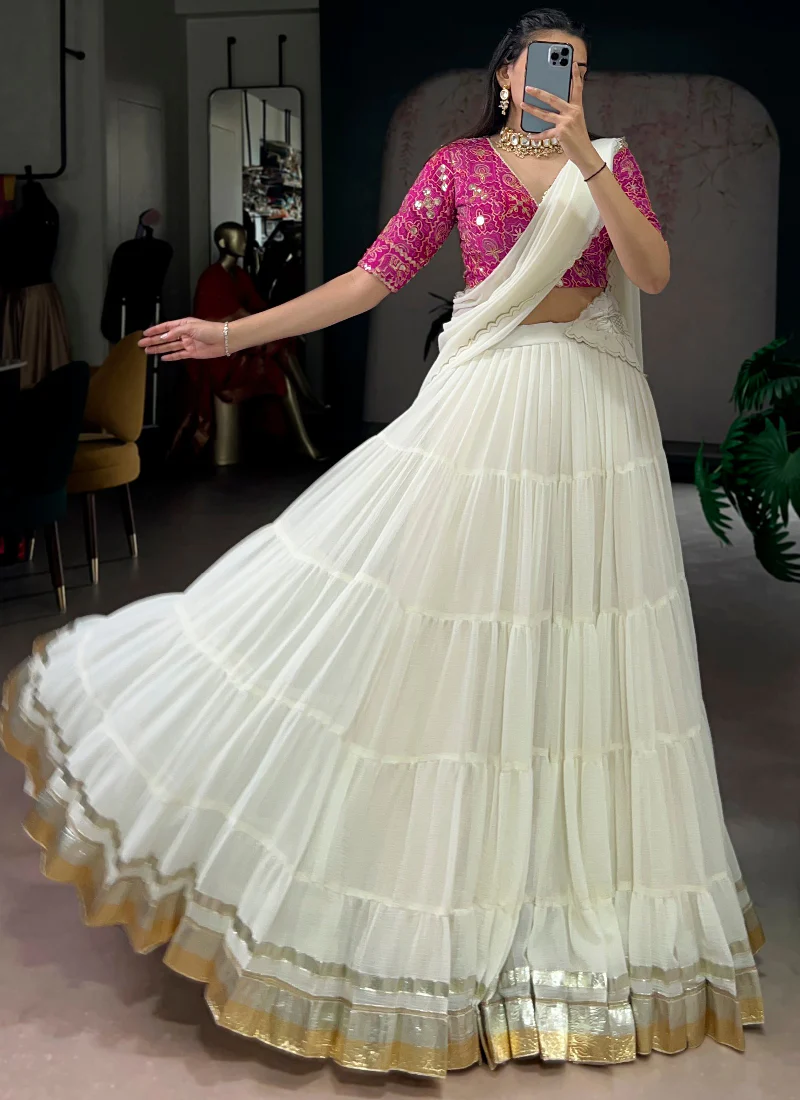 Off White Gota Patti Lace Border Marble Silk Ruffle Style Lehenga Choli - Image 5