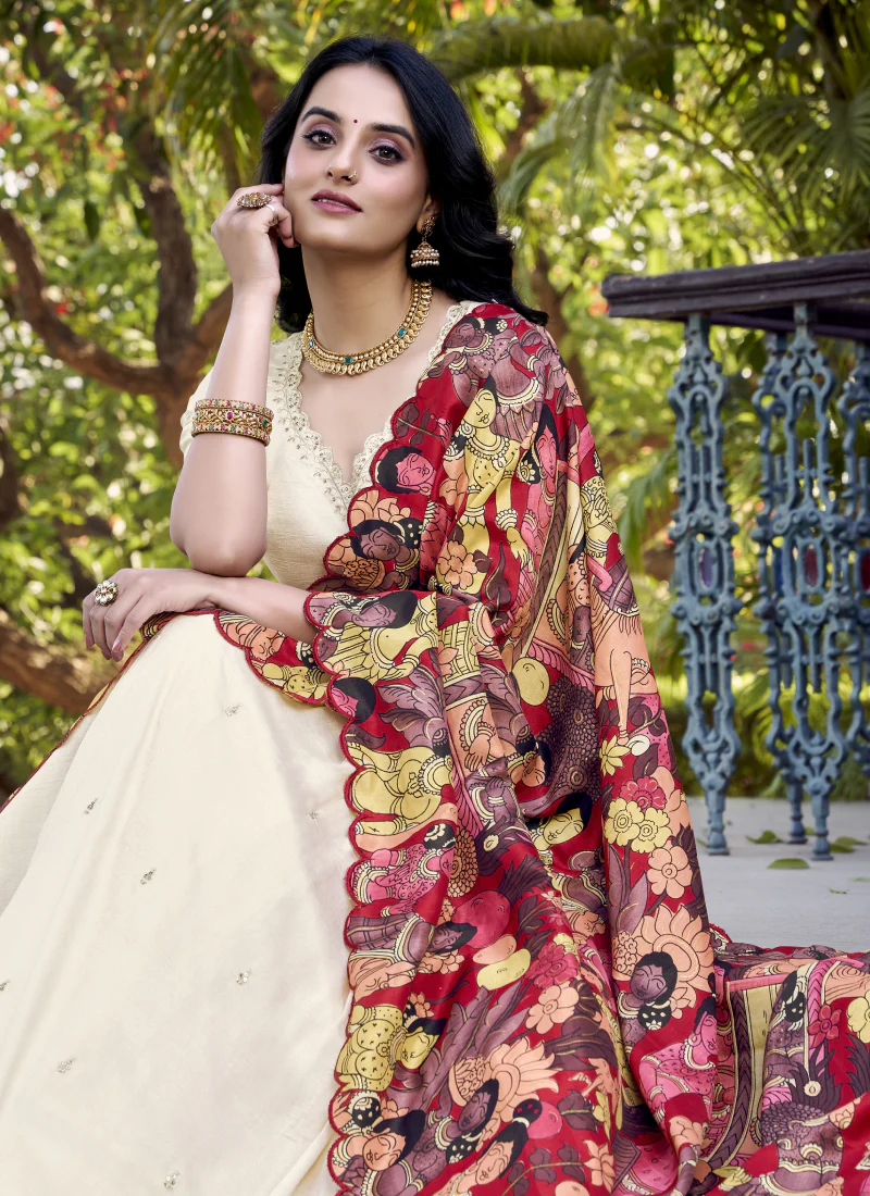 Off White Sequence Work Vichitra Silk Lehenga Choli With Dupatta - Image 2