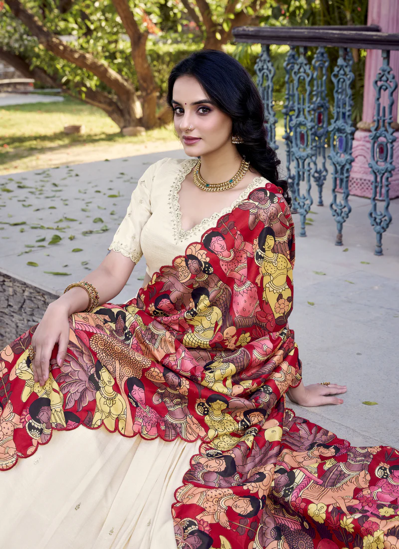 Off White Sequence Work Vichitra Silk Lehenga Choli With Dupatta - Image 3