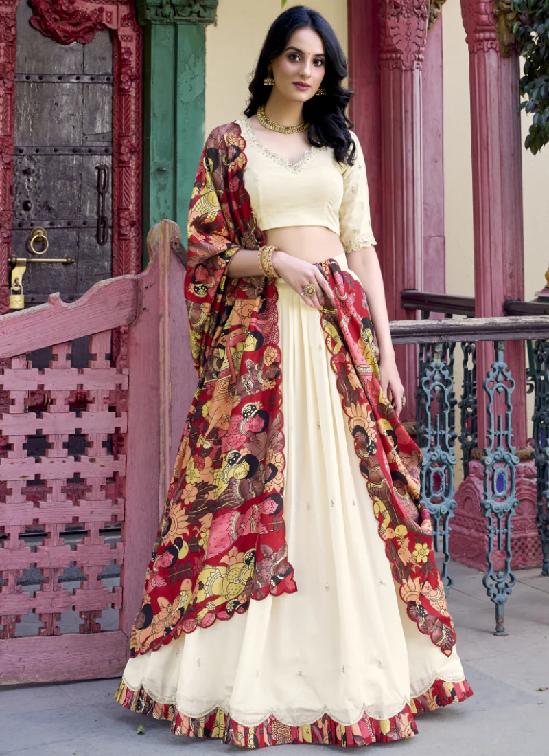 Off White Sequence Work Vichitra Silk Lehenga Choli With Dupatta - Image 4