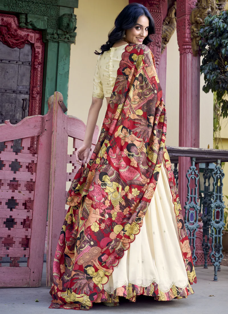 Off White Sequence Work Vichitra Silk Lehenga Choli With Dupatta - Image 5