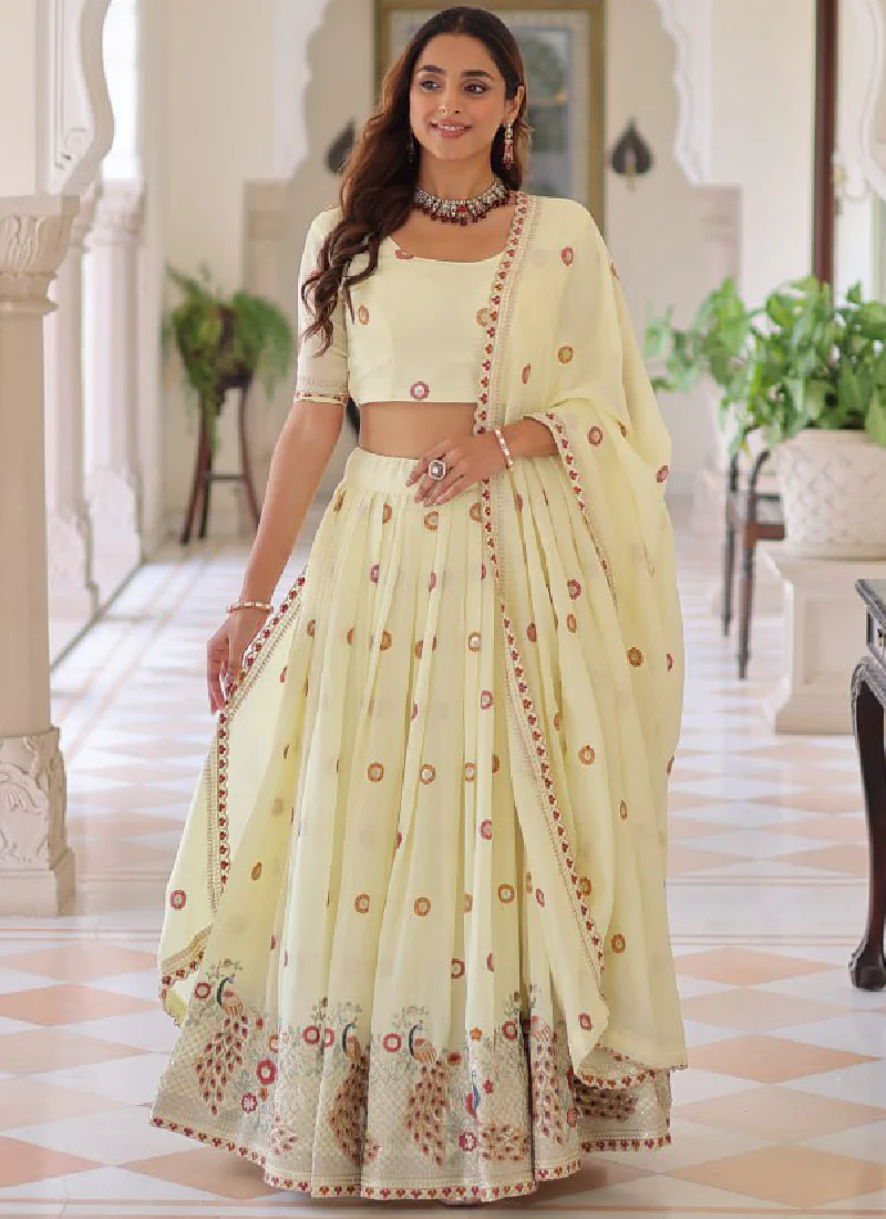 Off White Vichitra Silk Multi Thread Embroidered Work Lehenga Choli