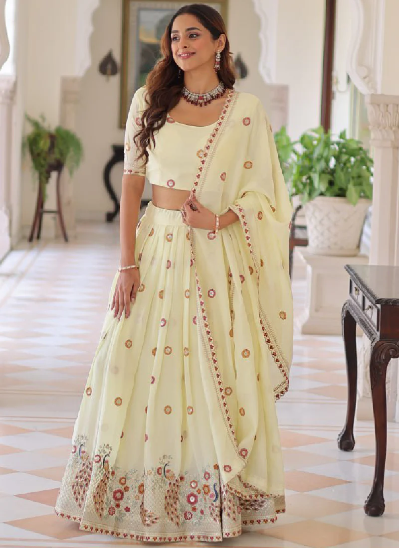 Off White Vichitra Silk Multi Thread Embroidered Work Lehenga Choli - Image 3