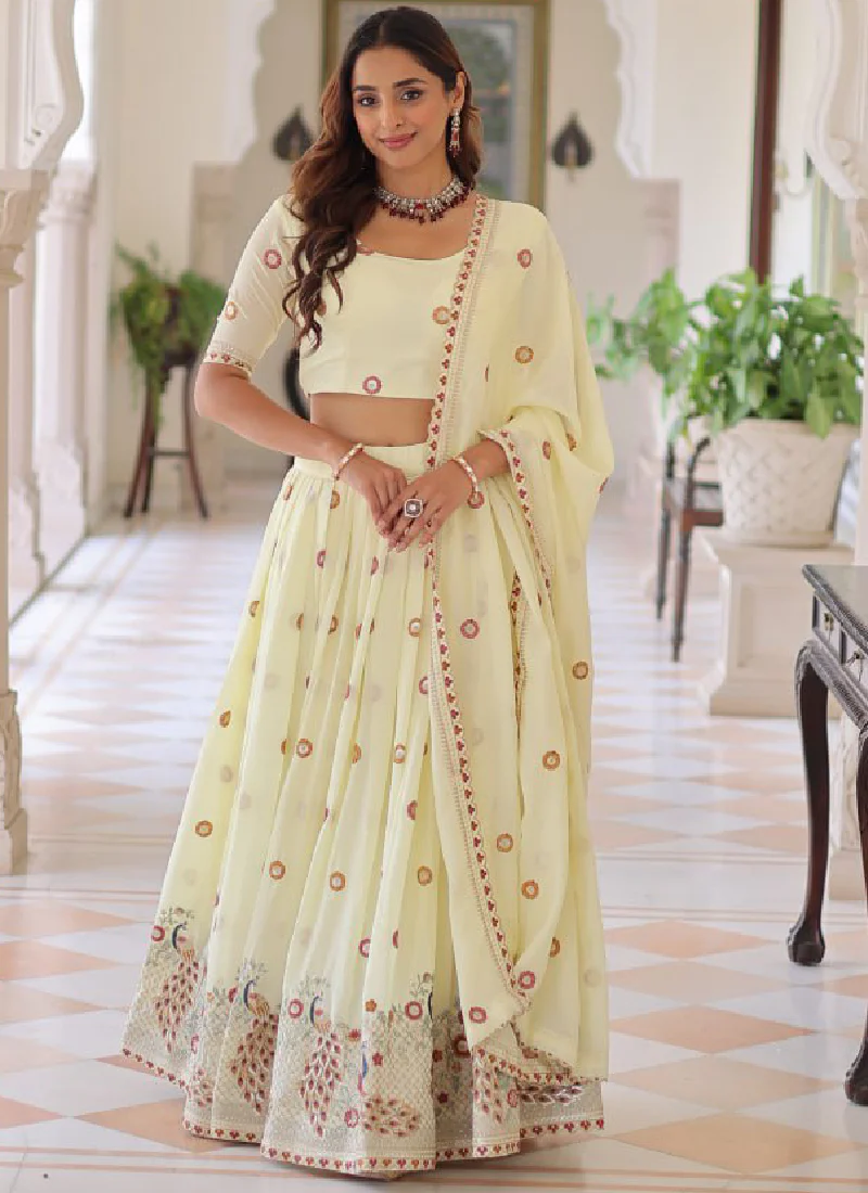 Off White Vichitra Silk Multi Thread Embroidered Work Lehenga Choli - Image 4
