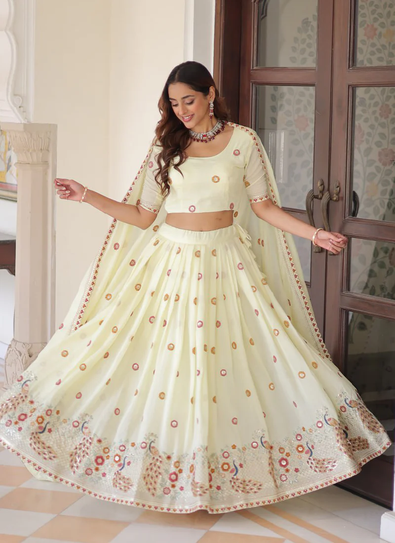 Off White Vichitra Silk Multi Thread Embroidered Work Lehenga Choli - Image 5
