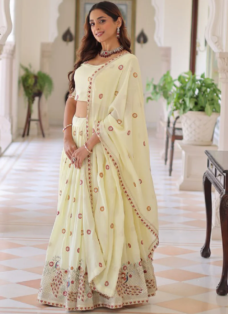 Off White Vichitra Silk Multi Thread Embroidered Work Lehenga Choli - Image 6