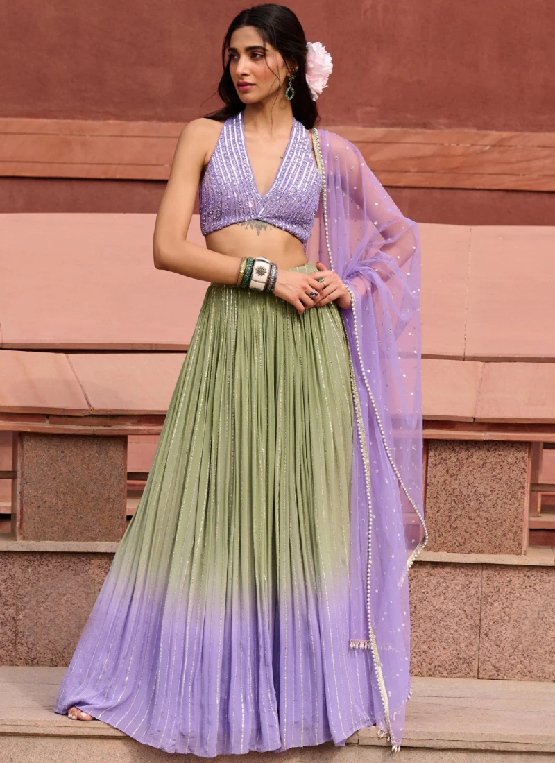 Olive Green And Lavender Georgette Sequence Embroidered Lehenga Choli - Image 3