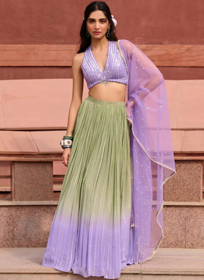 Olive Green And Lavender Georgette Sequence Embroidered Lehenga Choli - Image 4