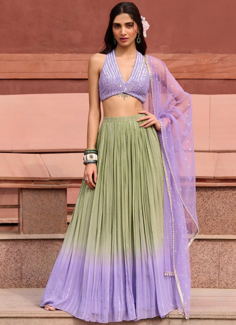 Olive Green And Lavender Georgette Sequence Embroidered Lehenga Choli - Image 5