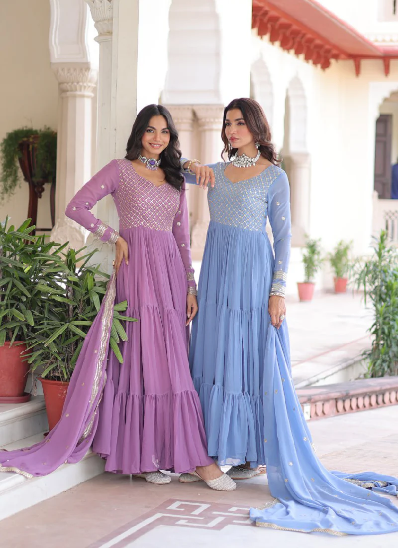 Onion Pink Georgette Embroidered Work Designer Long Gown With Dupatta - Image 10