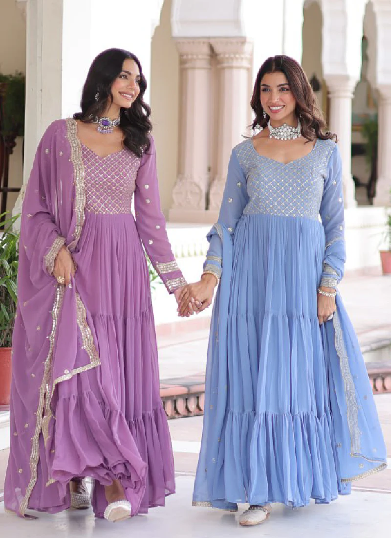 Onion Pink Georgette Embroidered Work Designer Long Gown With Dupatta - Image 11
