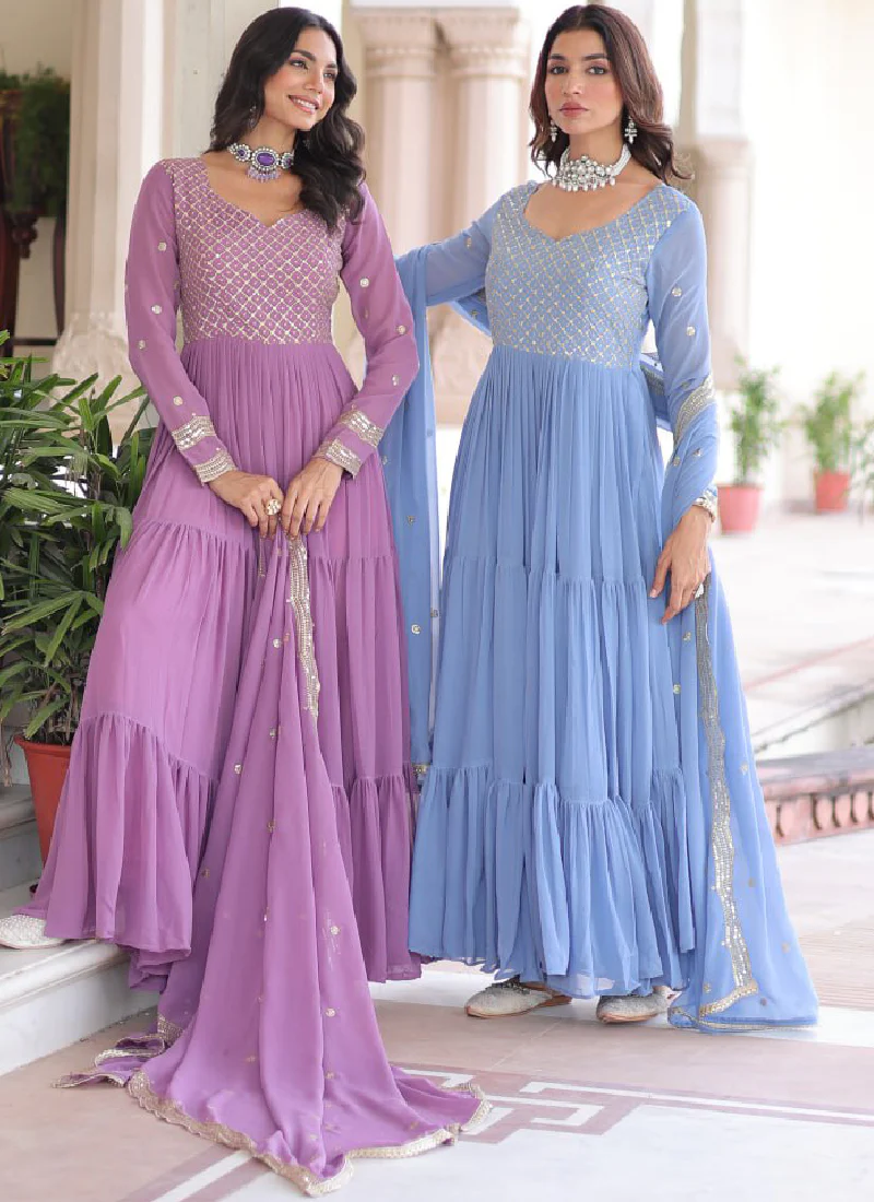 Onion Pink Georgette Embroidered Work Designer Long Gown With Dupatta - Image 12