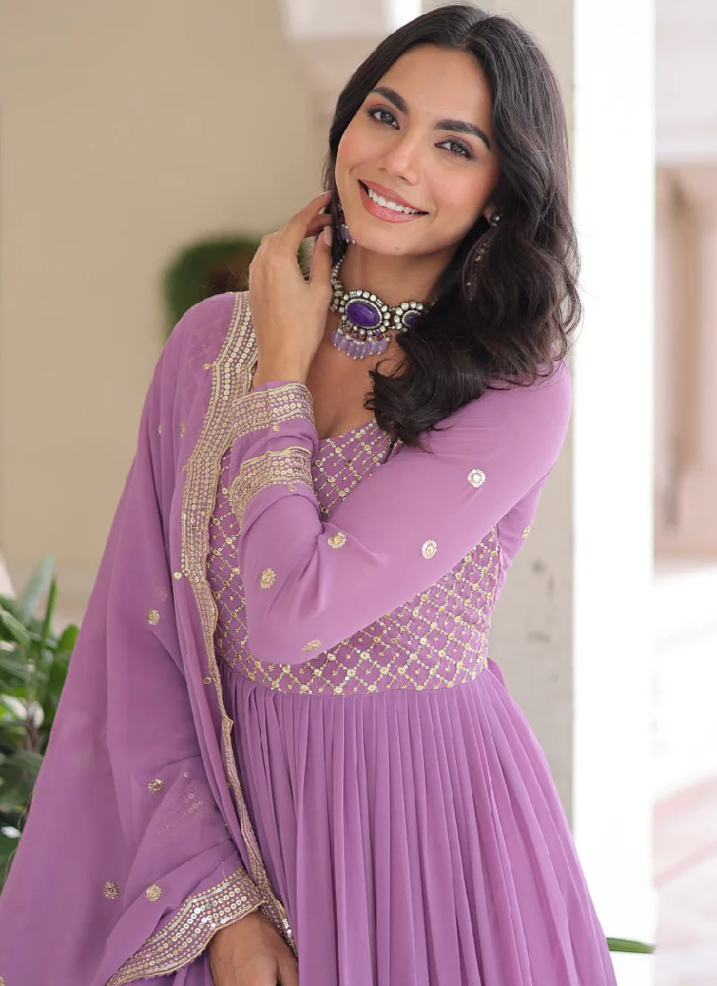 Onion Pink Georgette Embroidered Work Designer Long Gown With Dupatta - Image 3