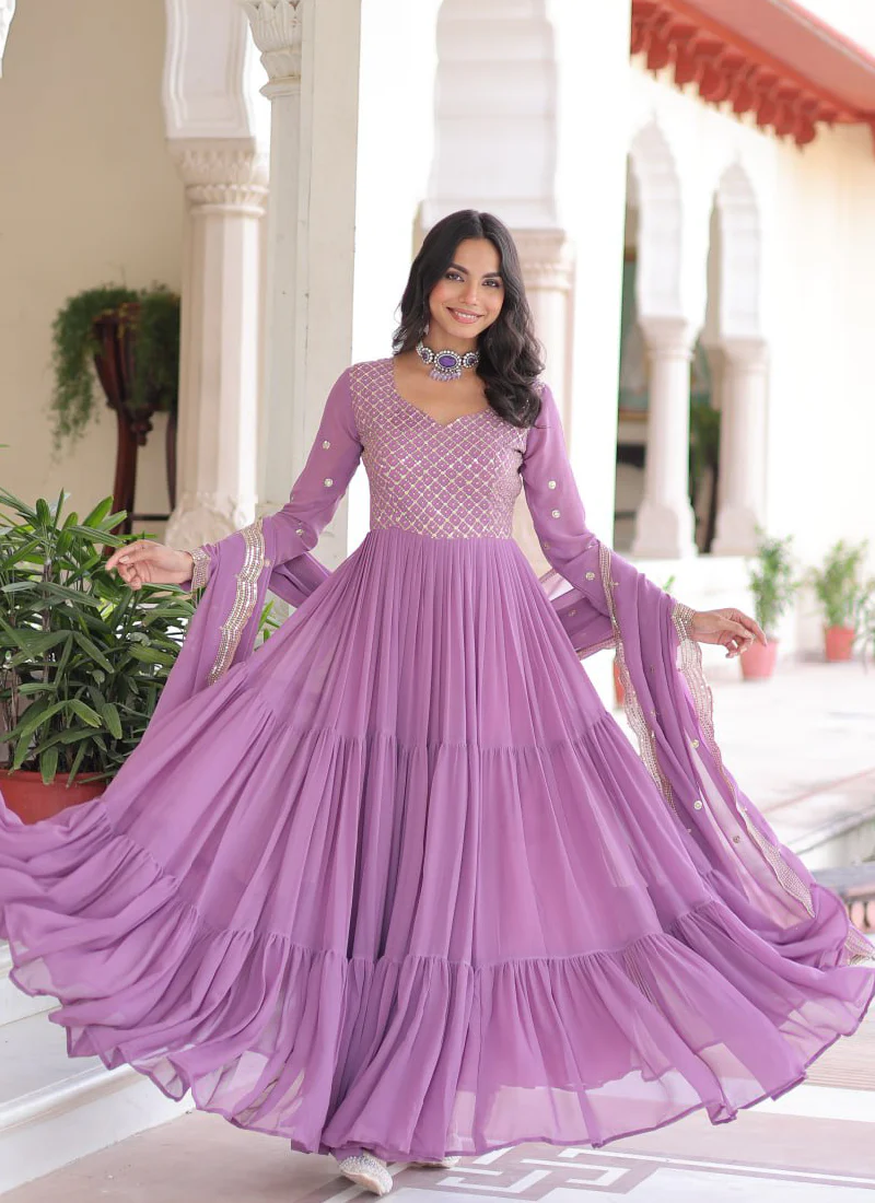 Onion Pink Georgette Embroidered Work Designer Long Gown With Dupatta - Image 4