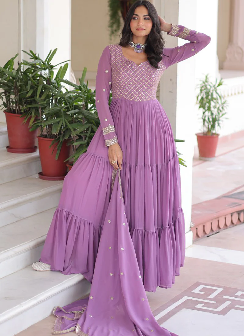 Onion Pink Georgette Embroidered Work Designer Long Gown With Dupatta - Image 8