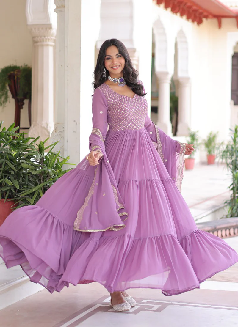 Onion Pink Georgette Embroidered Work Designer Long Gown With Dupatta - Image 9