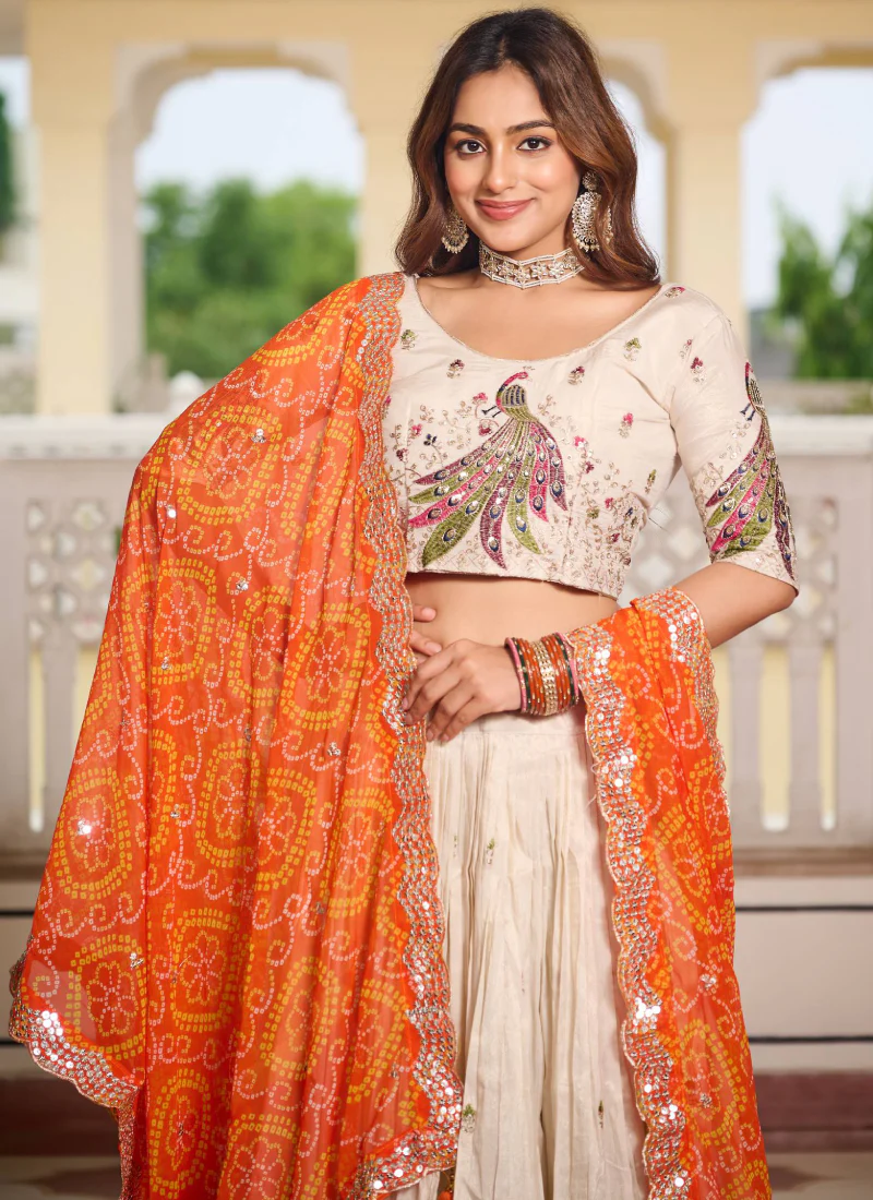 Orange And Cream Tissue Silk Sequence Embroidery Work Lehenga Choli - Image 3