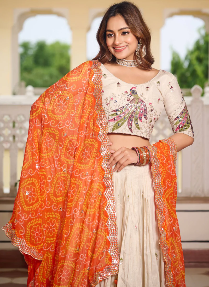Orange And Cream Tissue Silk Sequence Embroidery Work Lehenga Choli - Image 4