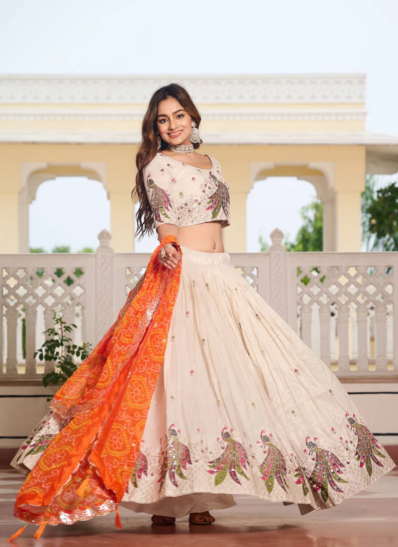 Orange And Cream Tissue Silk Sequence Embroidery Work Lehenga Choli - Image 5