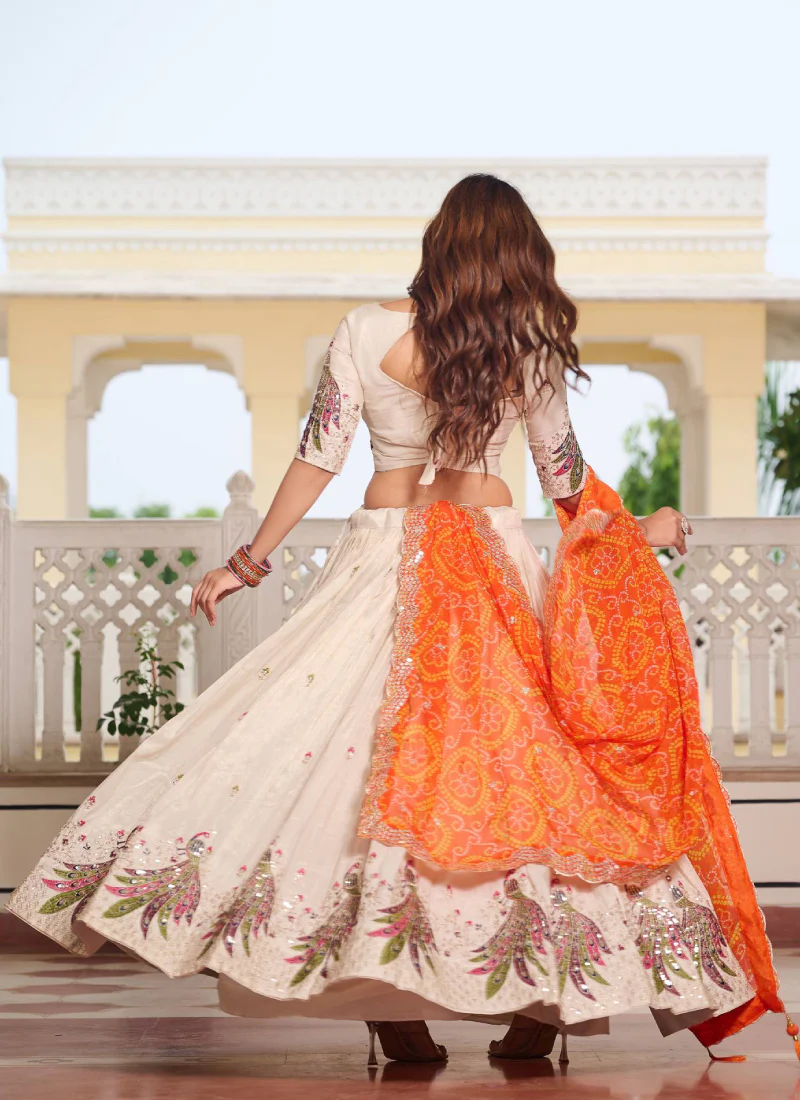 Orange And Cream Tissue Silk Sequence Embroidery Work Lehenga Choli - Image 6
