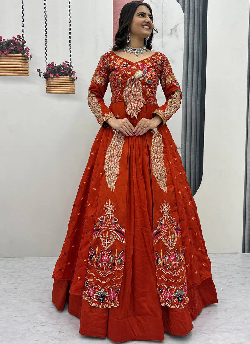 Orange Vichitra Sequence Work Heavy Traditional Crop Top Wedding Wear - Image 3