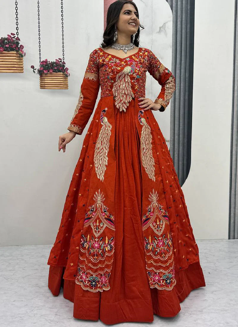 Orange Vichitra Sequence Work Heavy Traditional Crop Top Wedding Wear - Image 4
