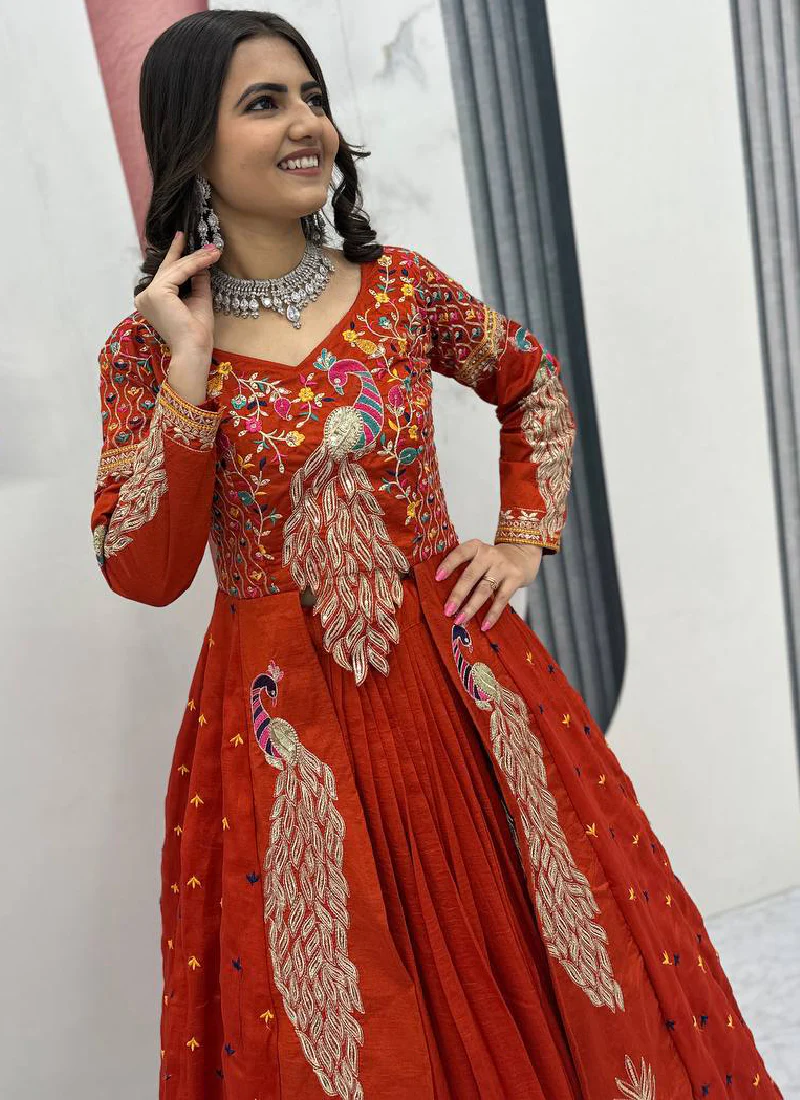 Orange Vichitra Sequence Work Heavy Traditional Crop Top Wedding Wear - Image 5