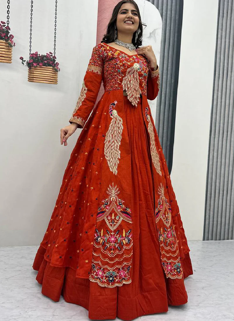 Orange Vichitra Sequence Work Heavy Traditional Crop Top Wedding Wear - Image 6