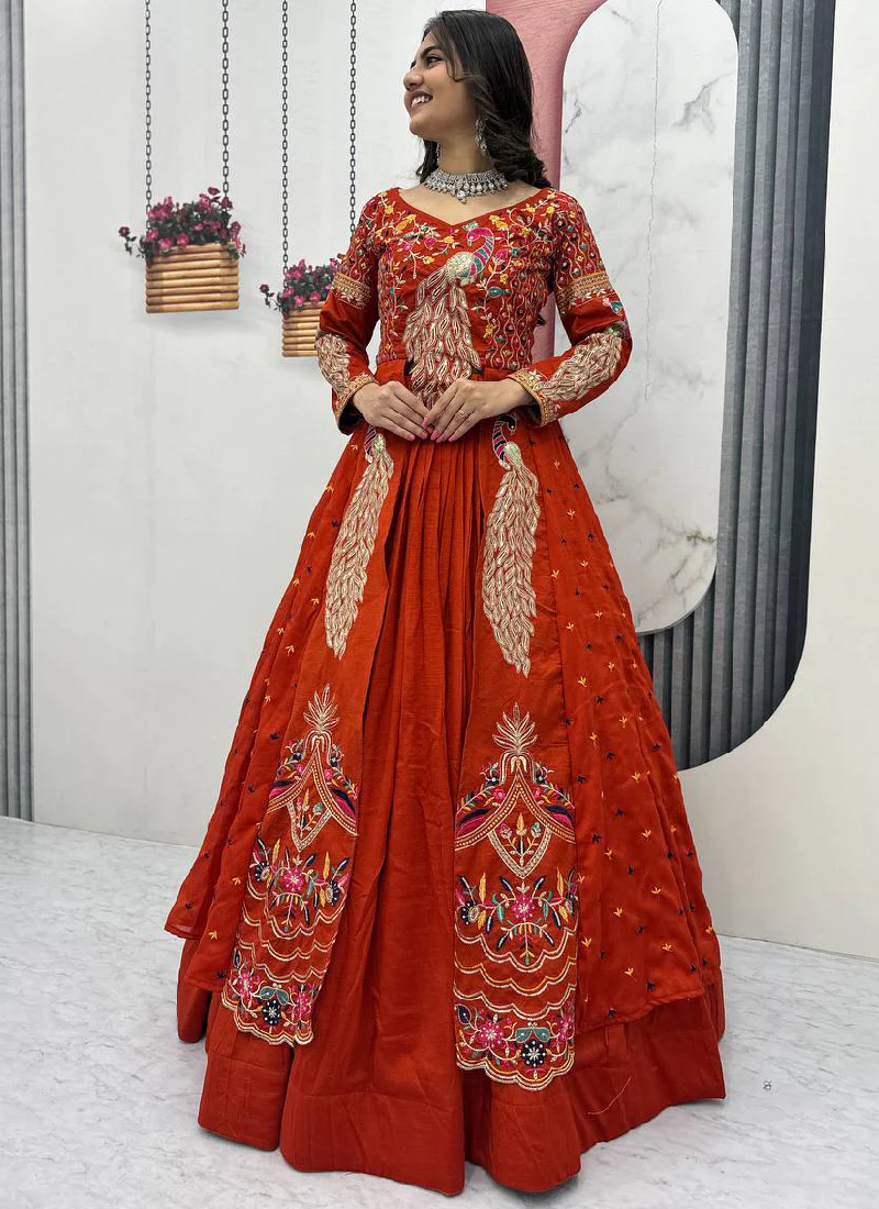 Orange Vichitra Sequence Work Heavy Traditional Crop Top Wedding Wear - Image 7