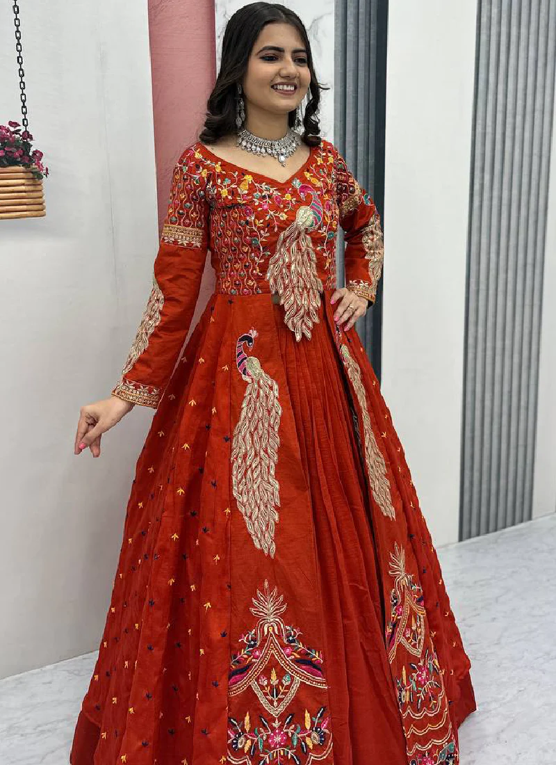 Orange Vichitra Sequence Work Heavy Traditional Crop Top Wedding Wear - Image 8