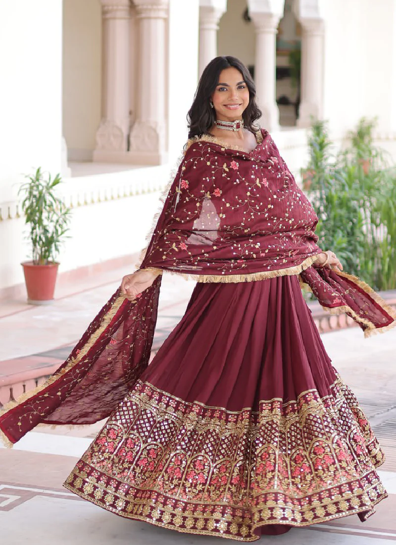 Outstanding Vichitra Silk Thread Embroidered Maroon Lehenga Choli Set - Image 10