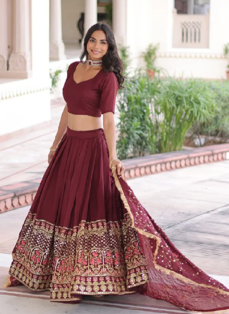 Outstanding Vichitra Silk Thread Embroidered Maroon Lehenga Choli Set - Image 13