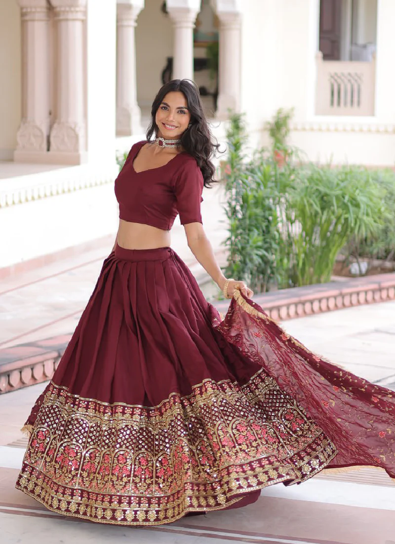 Outstanding Vichitra Silk Thread Embroidered Maroon Lehenga Choli Set - Image 14