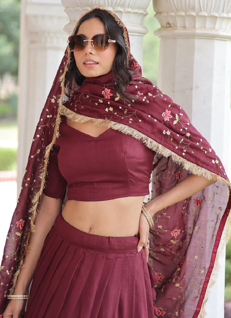 Outstanding Vichitra Silk Thread Embroidered Maroon Lehenga Choli Set - Image 2