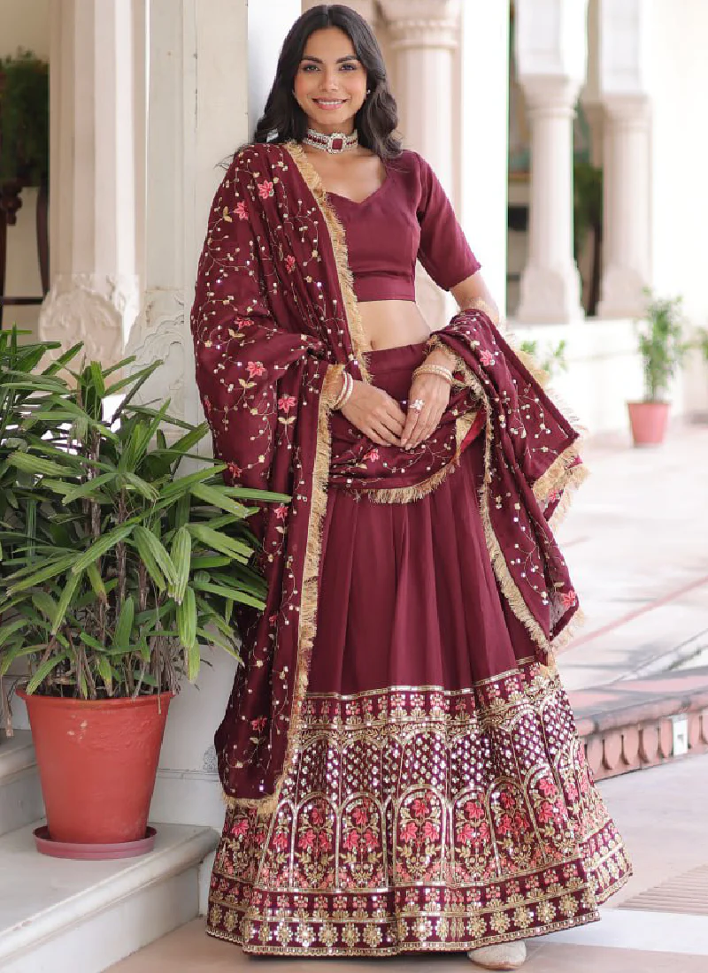 Outstanding Vichitra Silk Thread Embroidered Maroon Lehenga Choli Set - Image 3