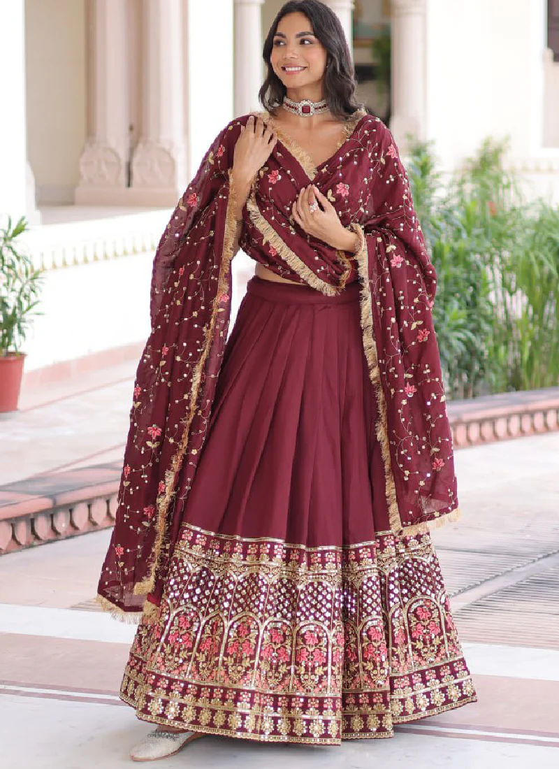 Outstanding Vichitra Silk Thread Embroidered Maroon Lehenga Choli Set - Image 4
