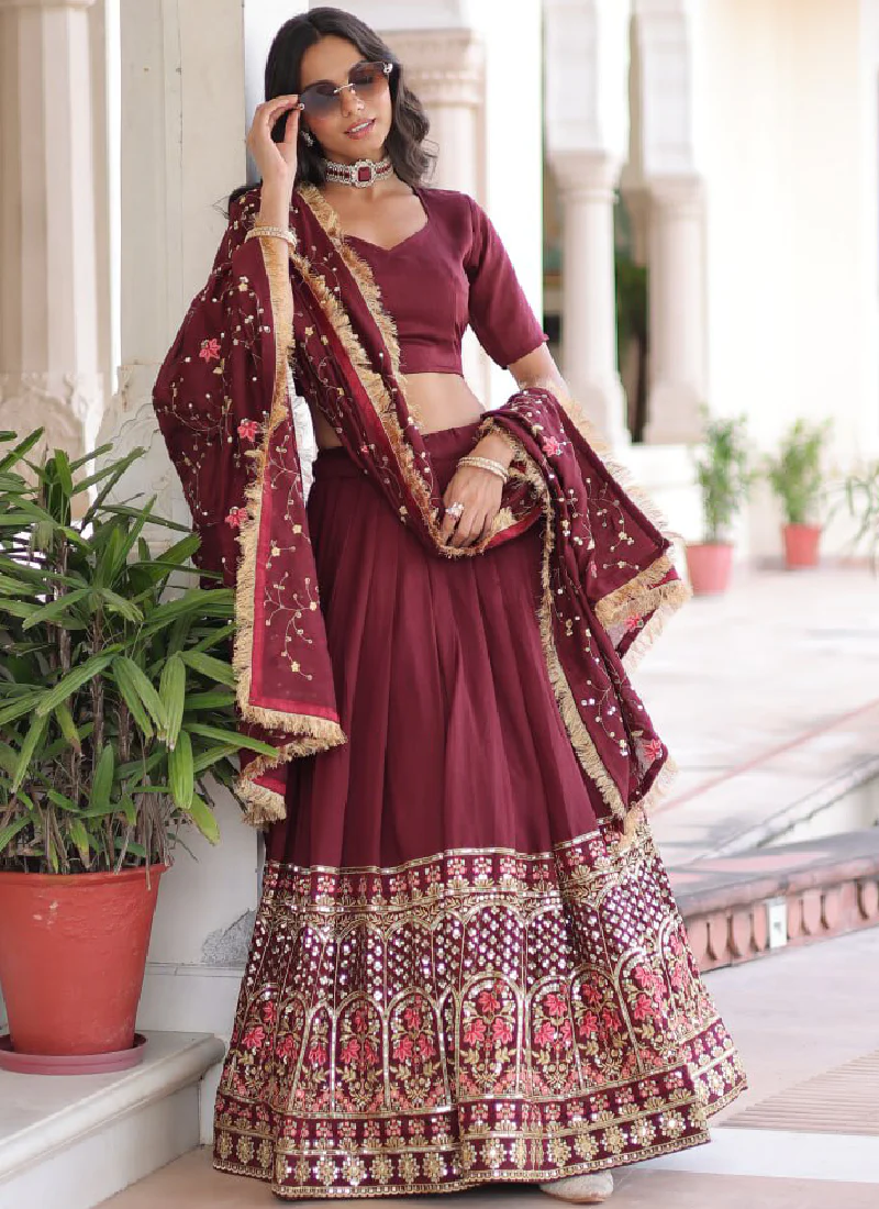 Outstanding Vichitra Silk Thread Embroidered Maroon Lehenga Choli Set - Image 5