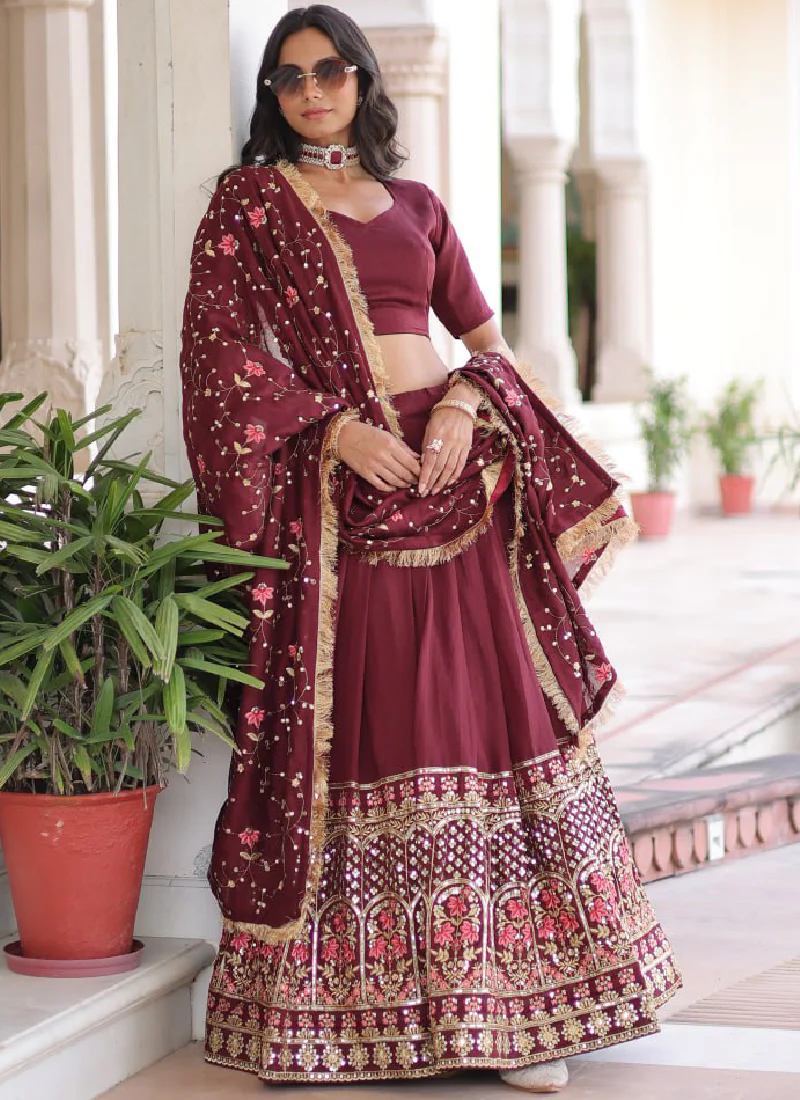 Outstanding Vichitra Silk Thread Embroidered Maroon Lehenga Choli Set - Image 6