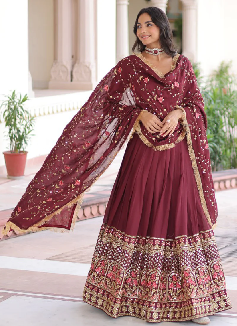 Outstanding Vichitra Silk Thread Embroidered Maroon Lehenga Choli Set - Image 7