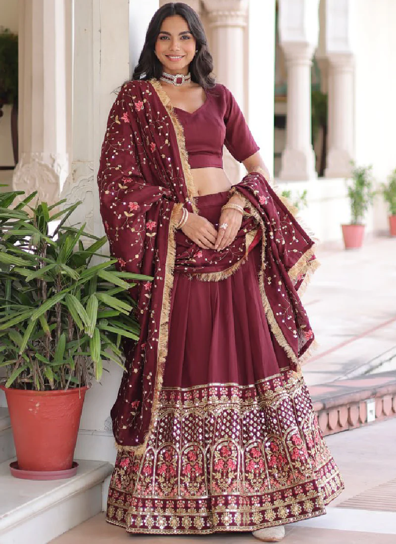 Outstanding Vichitra Silk Thread Embroidered Maroon Lehenga Choli Set - Image 8
