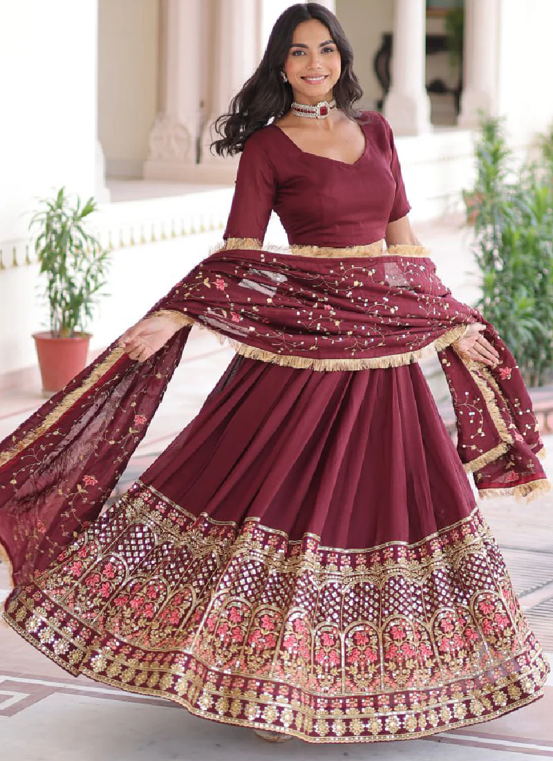 Outstanding Vichitra Silk Thread Embroidered Maroon Lehenga Choli Set - Image 9
