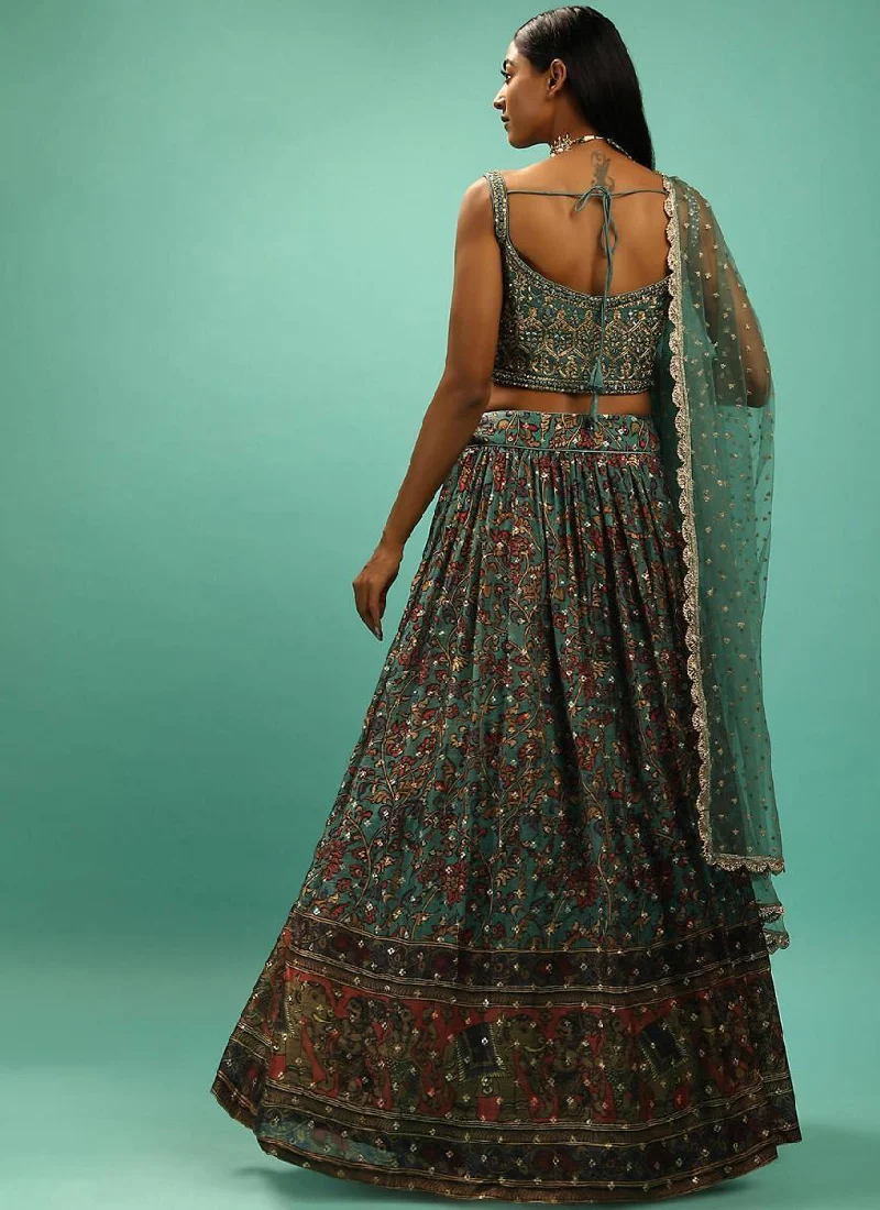 Party Wear Chinon Silk Green Designer Lehenga Choli - Image 3