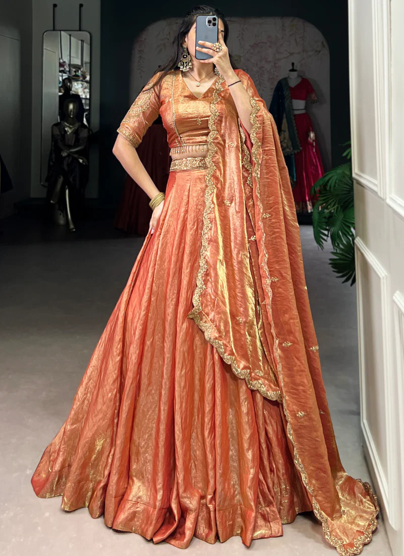 Party Wear Designer Sequence Embroidery Work Organza Orange Lehenga