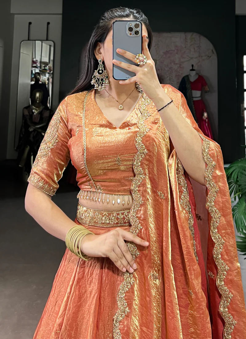 Party Wear Designer Sequence Embroidery Work Organza Orange Lehenga - Image 2