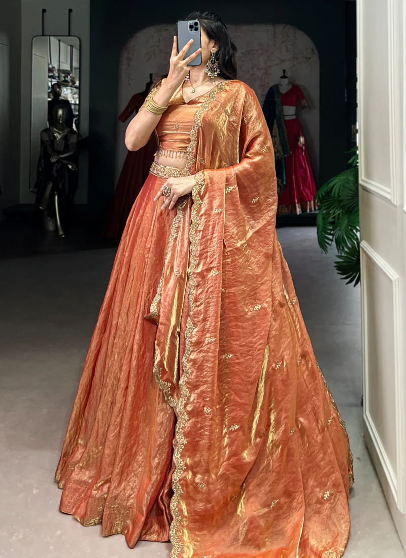 Party Wear Designer Sequence Embroidery Work Organza Orange Lehenga - Image 3
