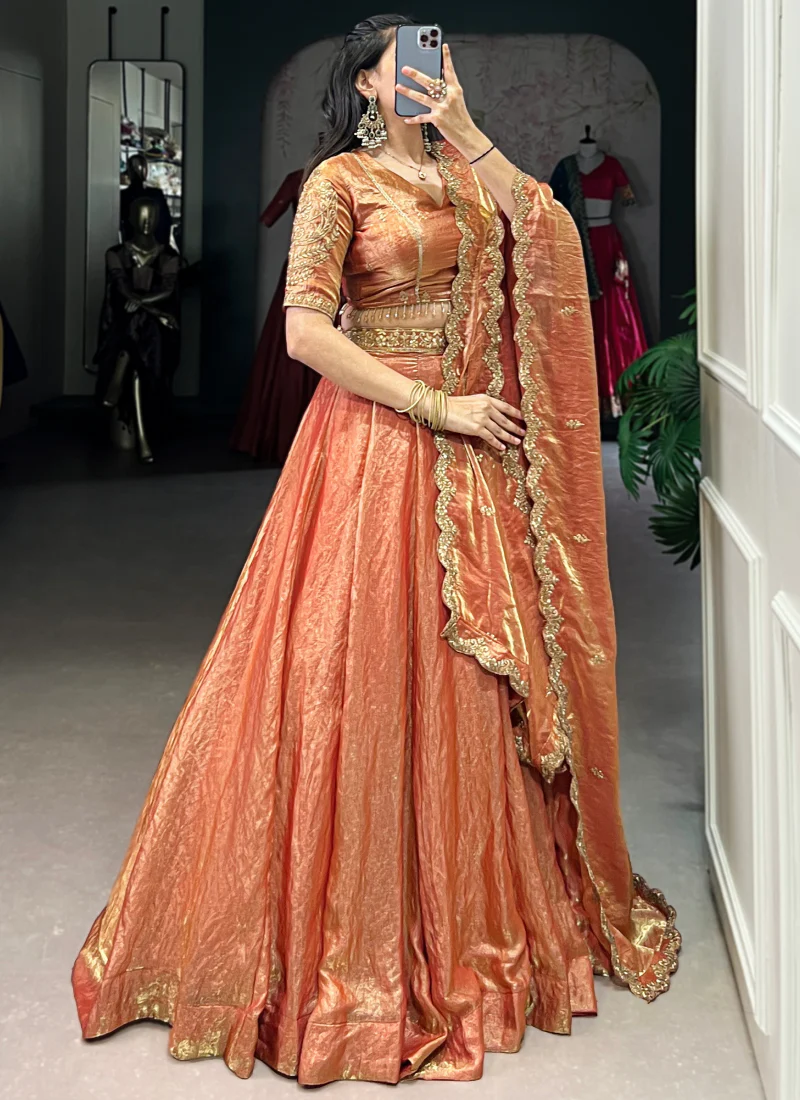 Party Wear Designer Sequence Embroidery Work Organza Orange Lehenga - Image 4