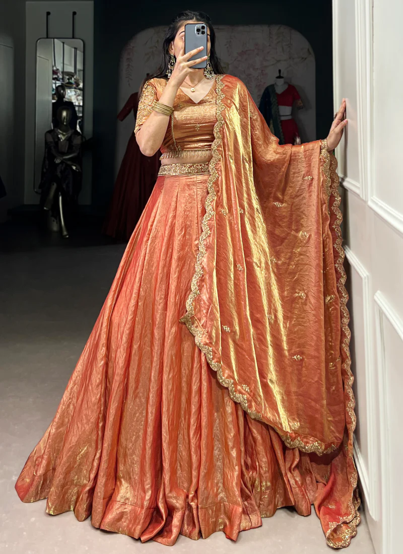 Party Wear Designer Sequence Embroidery Work Organza Orange Lehenga - Image 5
