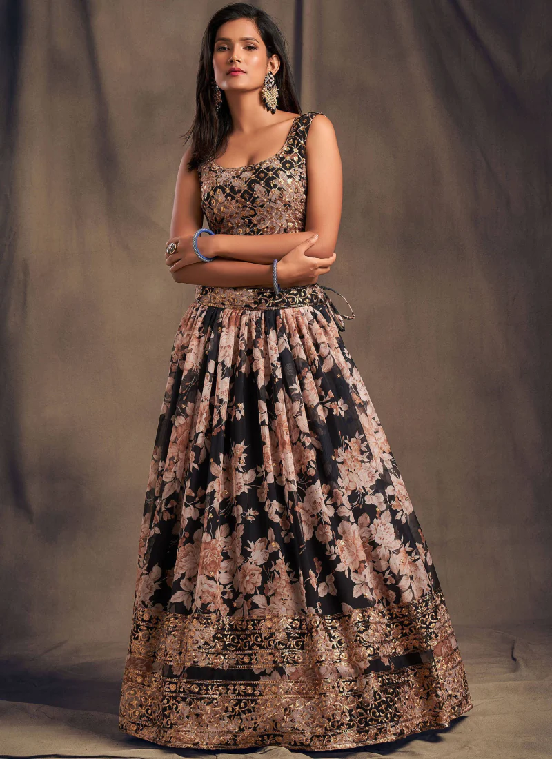 Party Wear Sequence Work Organza Floral Printed Lehenga Choli - Image 4