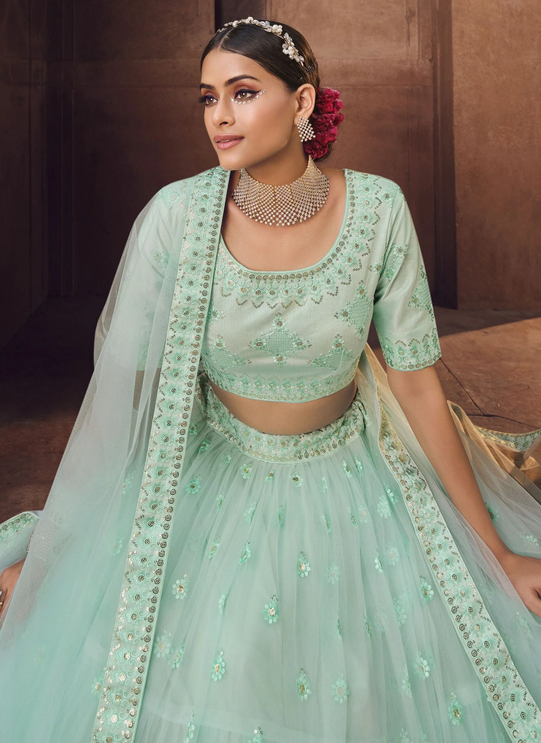Party Wear Sky Blue Thread Work Marriage Lehenga Choli - Image 3