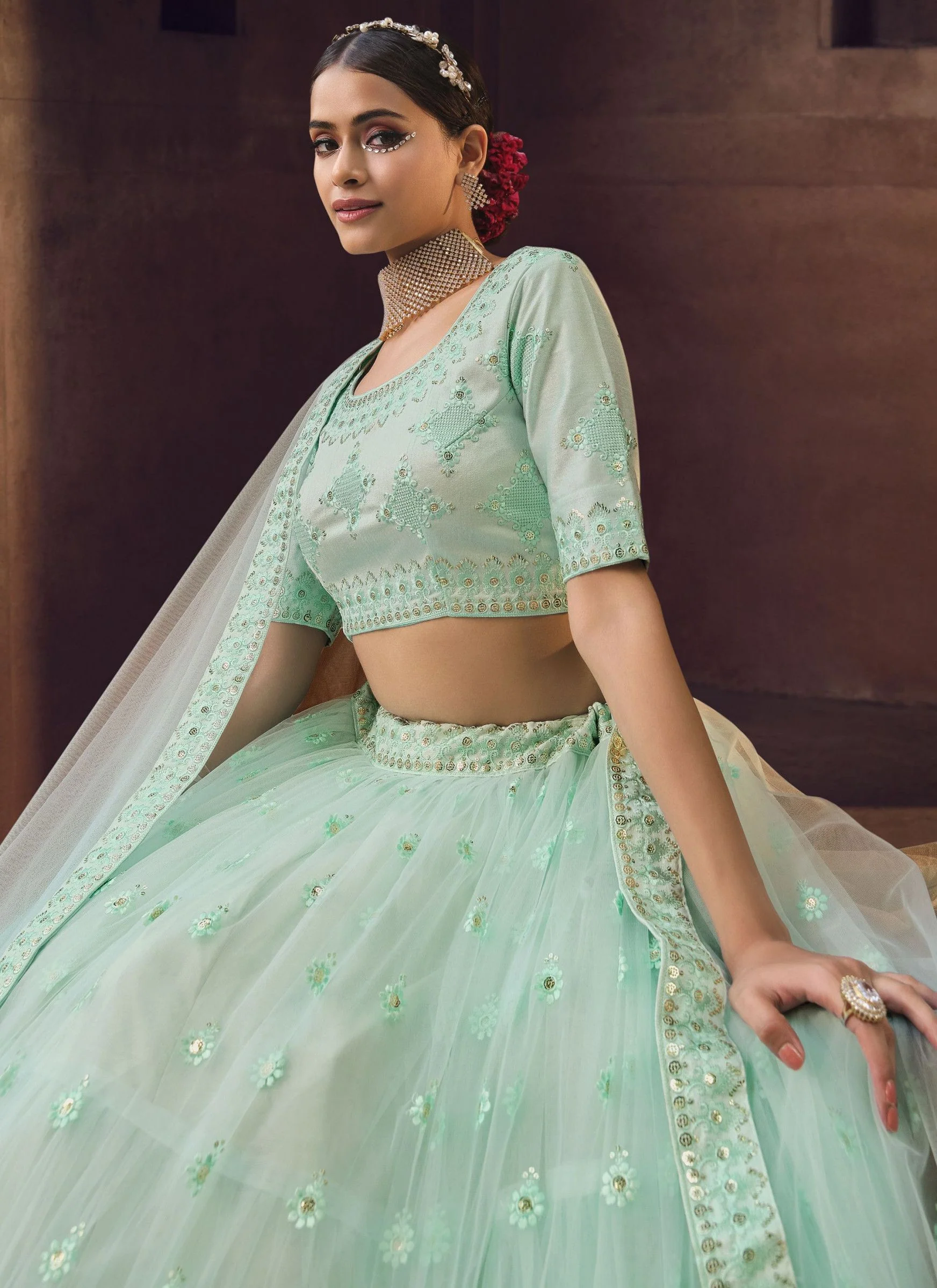 Party Wear Sky Blue Thread Work Marriage Lehenga Choli - Image 4